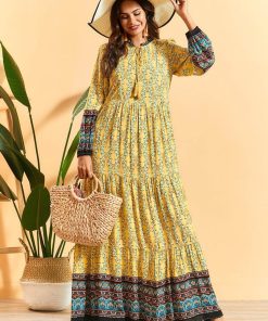 Comfortable Viscose Print Ethnic Long Dress Stand Collar Tassel Drawstring Lantern Sleeve Maxi Dress Arab Clothing