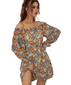 Formal Dresses Spring Summer New for Women Short Dress Printed Shoulderless High Waist Casual Full Sleeve Women's Sundress