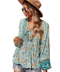 Womens Long Sleeve Bohemian Tops Ladies Casual Loose Boho V Neck Blouse T Shirts