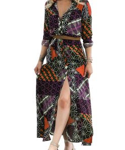 BLACK MAXI DRESS WITH BELT AND ABSTRACT PATCHWORK PATTERN