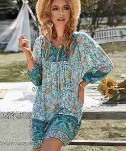 Women's Summer Boho Vintage Floral Short Dress Beachwear Long Sleeve V Neck Boho Vintage Floral Mini Dress
