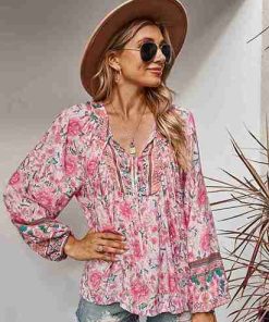 Womens Long Sleeve Bohemian Tops Ladies Casual Loose Boho V Neck Blouse T Shirts