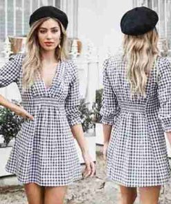V-Neck Half Sleeve Plaid Casual Mini Dress