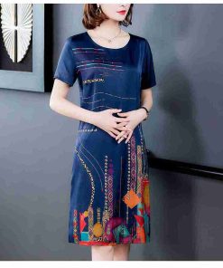 Women Elegant Short-sleeved Dress Round Neck Contrasting Color Printing H Type Dress