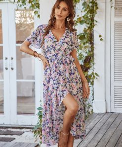 Women's Floral Print Chiffon Dress Butterfly Sleeve V-Neck Casual Holiday Style Dresses