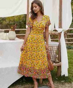 Casual V-neck Cardigan Waist Strap Floral Print Holiday Series Dresses.